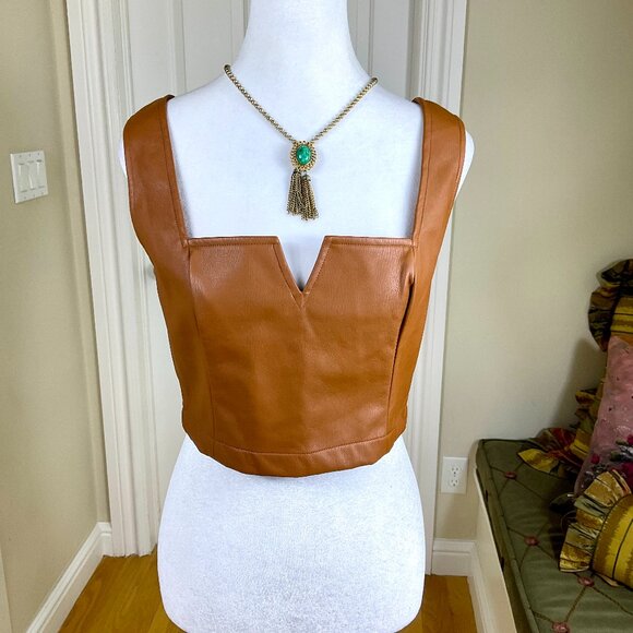 Anthropologie Maeve Top Crop Faux Leather Square Neck Tan Brown (6) - Picture 1 of 7